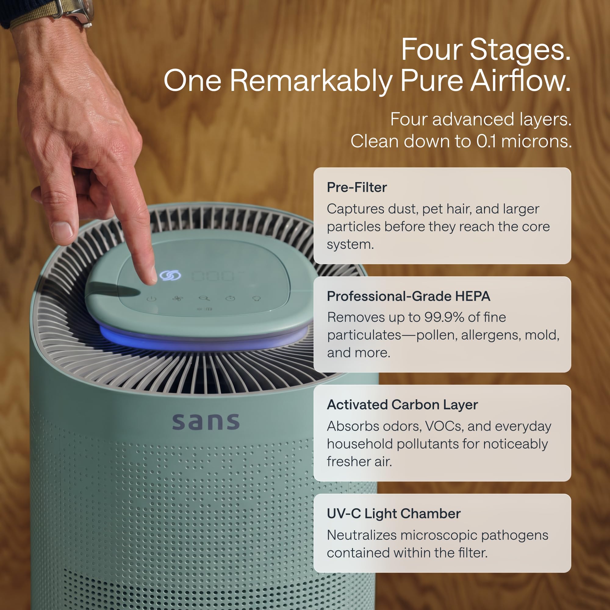 Sans True HEPA Air Purifier for Extra Large Rooms (1,854 sq ft) | UV-C Light Layer & Carbon Odor Absorption | Quiet 25dB Auto-Mode, Captures Smoke, Dust & Allergens (White)