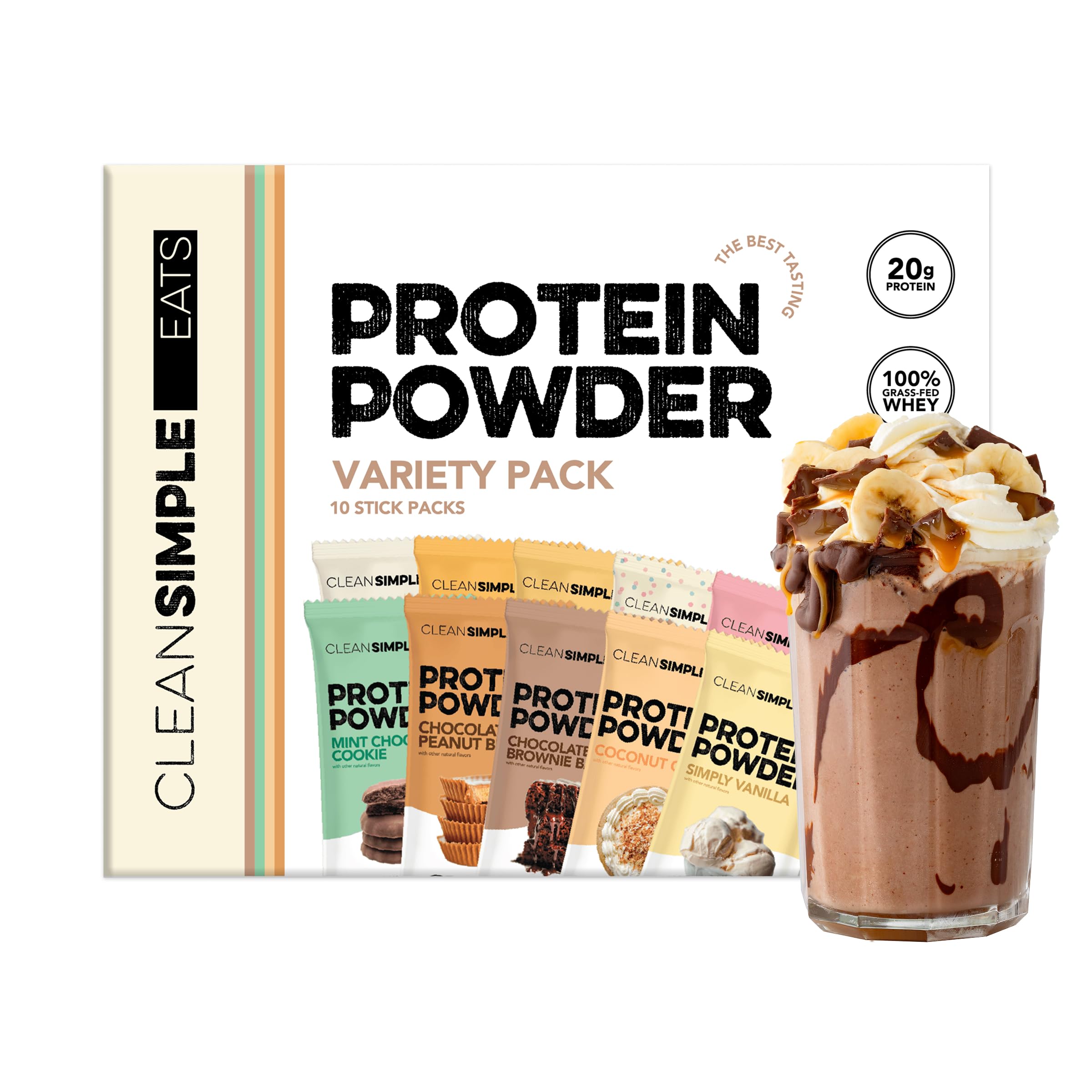 Clean Simple Eats Whey Isolate Protein Powder, Variety Pack, Naturally Sweetened, Zero Added Sugar, 20g 100% GrassFed Protein Powder with Digestive Enzymes, GlutenFree, Non GMO, 10 Single Serve Pack