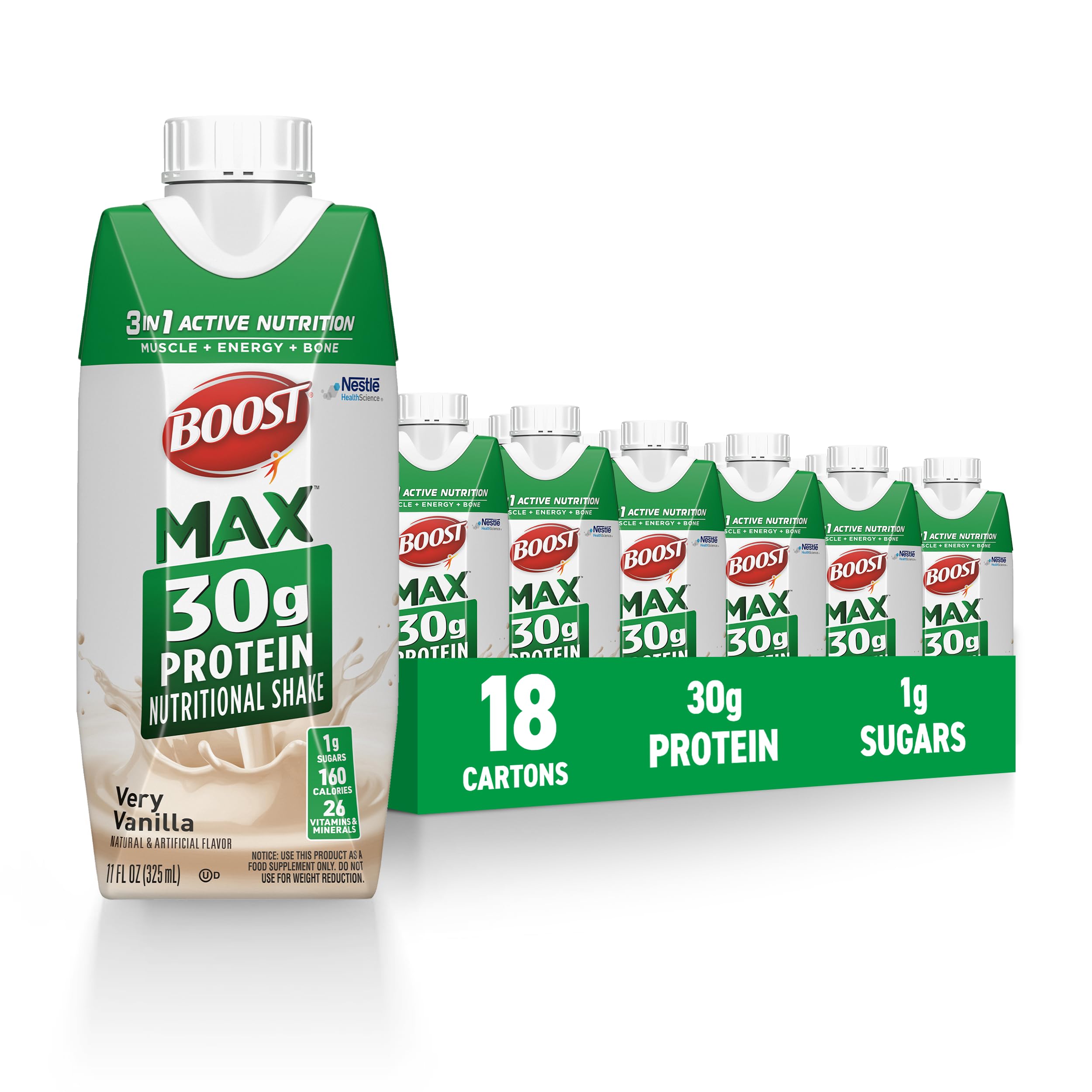 BOOST MAX Protein Shakes Ready to Drink - 30g High Protein Shake - Chocolate | Nutritional Drinks to Support Muscle Recovery After Exercise, 26 Vitamins & Minerals, 1g Sugar, 11 fl oz (Pack of 18)