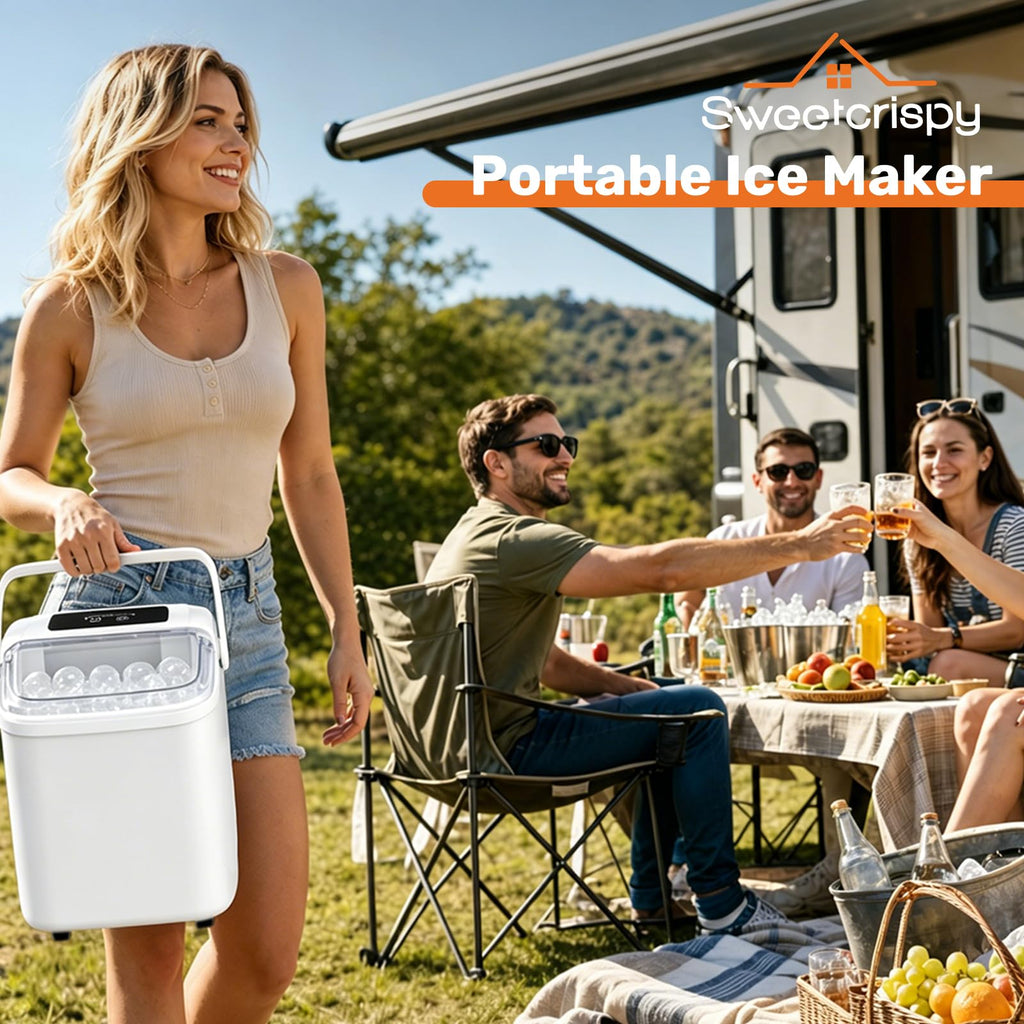 Sweetcrispy Countertop Ice Maker with Scoop, Basket and Handle, Portable Ice Machine 9 Cubes Ready in 6 Mins, 26.5lbs in 24Hrs, 2 Sizes for Home Kitchen Office Bar Party
