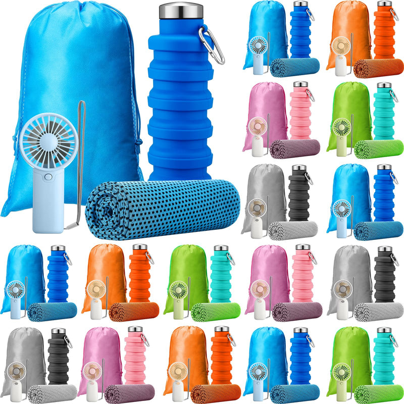24 Set Theme Park Necessities Cruise Ship Accessory Kit Collapsible Water Bottle Cooling Towel Fan Drawstring Bag for Summer Amusement Park Outdoor Team Travel Cruise Gift Fitness Sport Favor