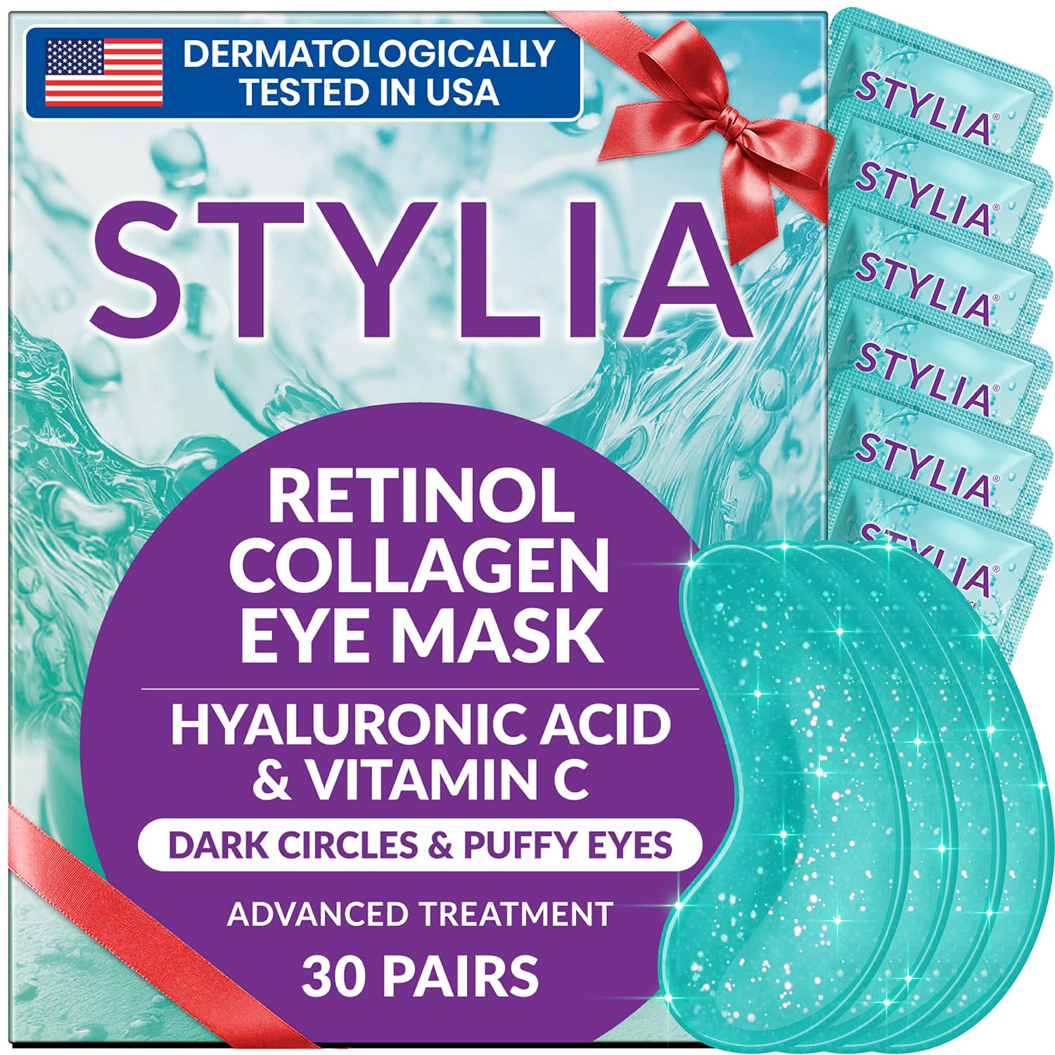 Stylia Collagen & Vitamin C Under Eye Patches for Puffy Eyes & Dark Circles - Depuffing, Hydrating & Firming Under Eye Mask with Hyaluronic Acid - Stocking Stuffers for Teen Girls, Vegan (30 Pairs)