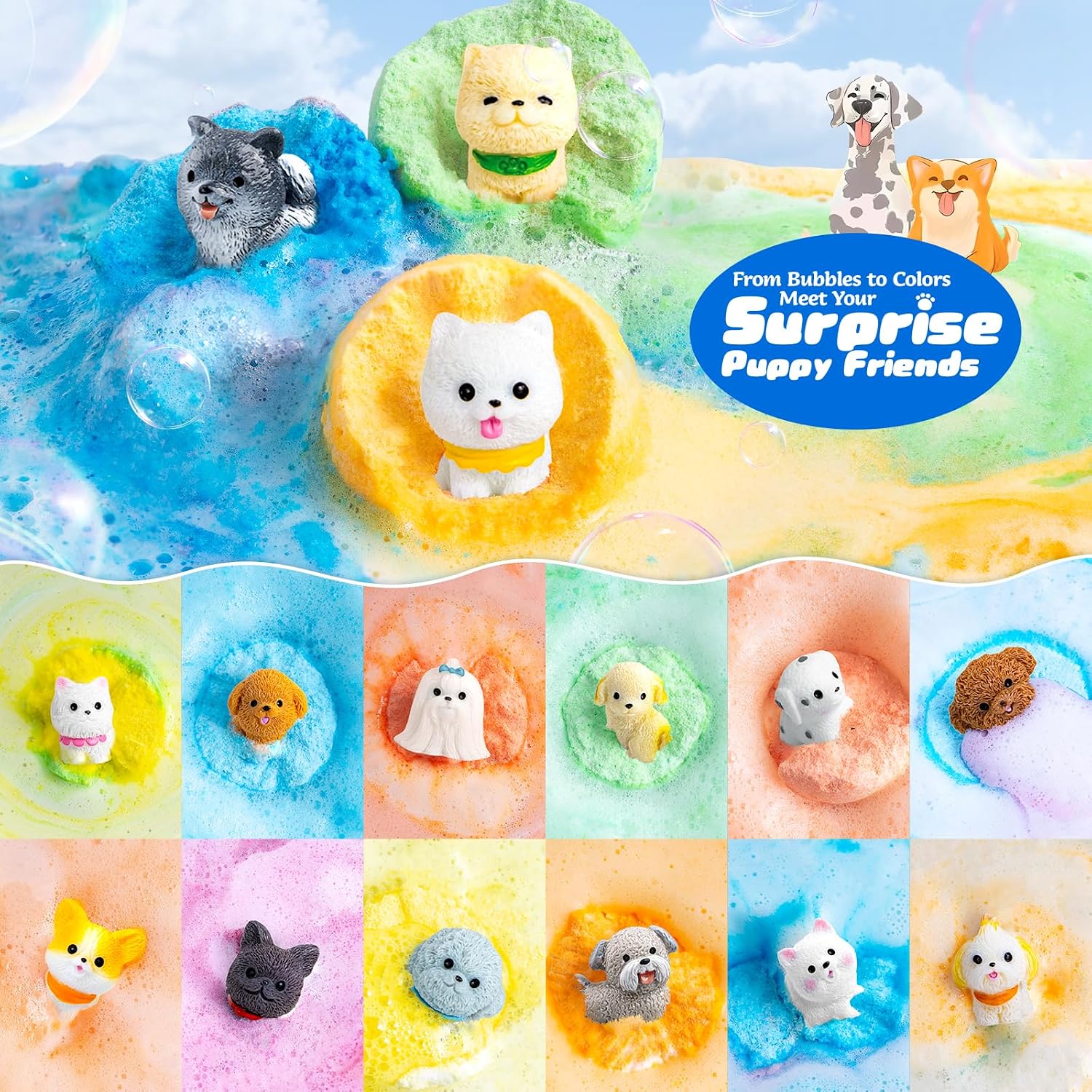 24 Pack Puppy Bath Bombs for Kids - Each with Surprise Dog Figurine Inside, 15 Scents, Bath Bombs with Toys, Skin-Friendly, Birthday Party Favors & Stocking Stuffers for Boys & Girls