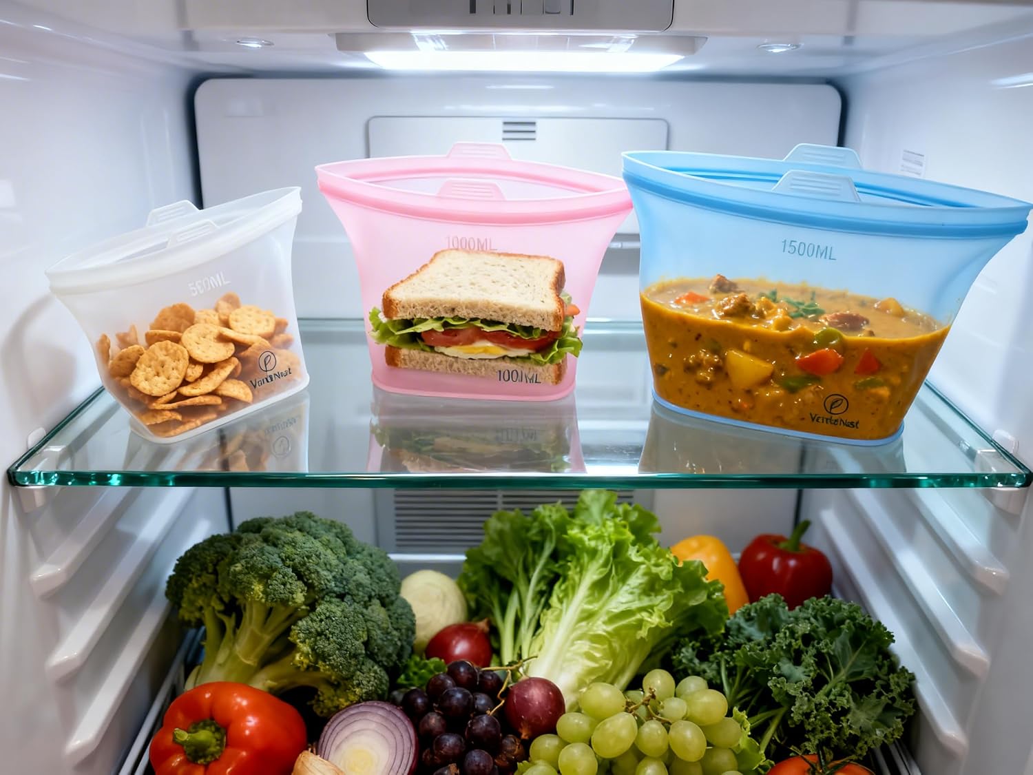 Reusable Silicone Food Storage Bags – 6 Pack Stand-Up Leakproof BPA-Free Silicone Bags for Meal Prep, Sandwich, Snacks & Freezer Storage (500ml, 1000ml, 1500ml)
