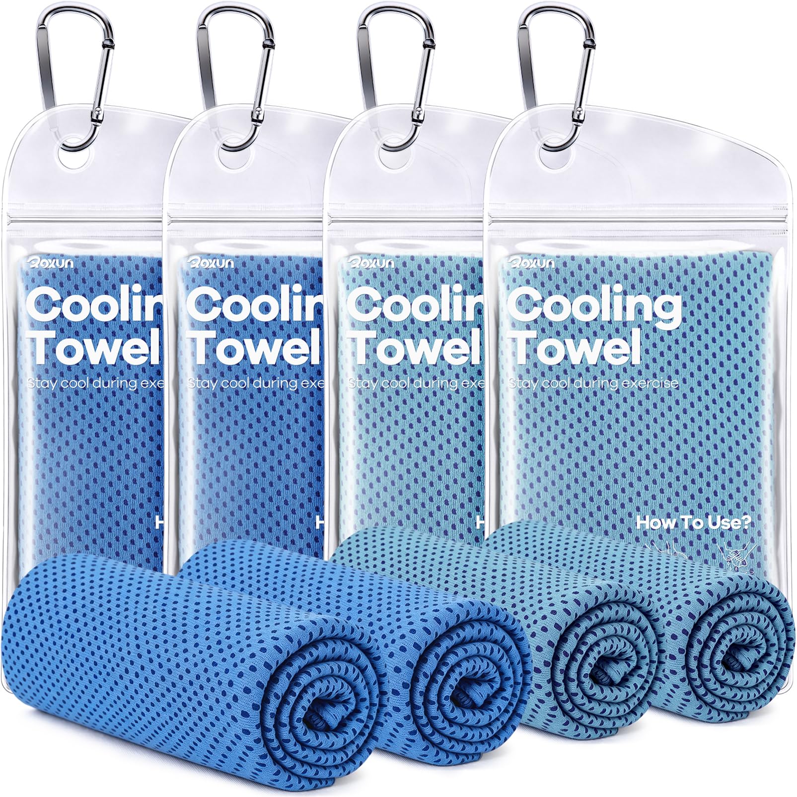 ROXUN Cooling Towels, 4 Pack (40''x12'') Chilly Ice Rags for Neck and Face | Gray+Blue+Green+Black, Soft Breathable, Sports and Outdoor Workouts, Comes with Storage Bags & Carabiners