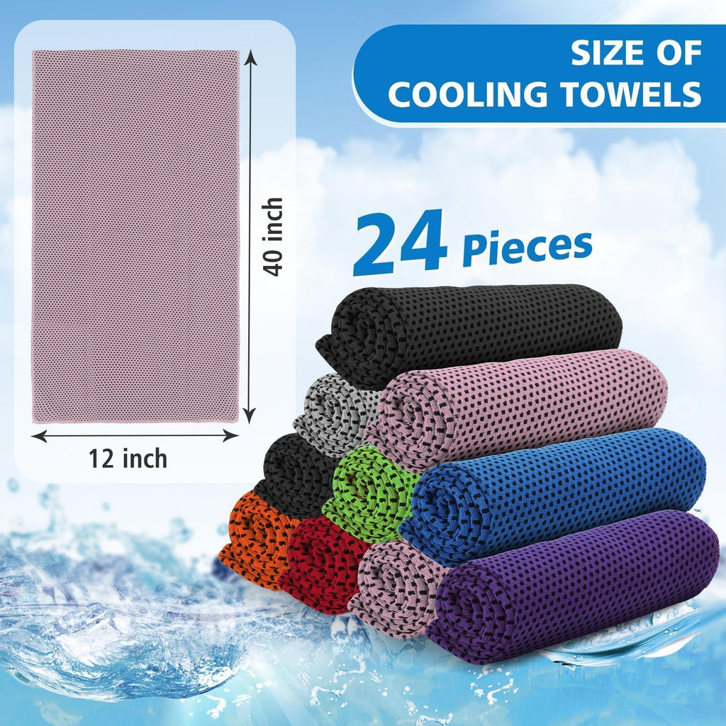 24 Pack Cooling Towels Bulk for Neck and Face 40"x12" Ice Cooling Sweat Rags Microfiber Soft Breathable Soft Chilly Towel for Yoga Golf Sport Running