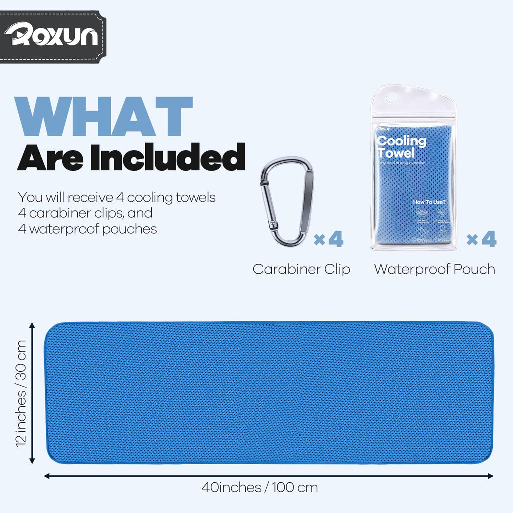 ROXUN Cooling Towels, 4 Pack (40''x12'') Chilly Ice Rags for Neck and Face | Gray+Blue+Green+Black, Soft Breathable, Sports and Outdoor Workouts, Comes with Storage Bags & Carabiners