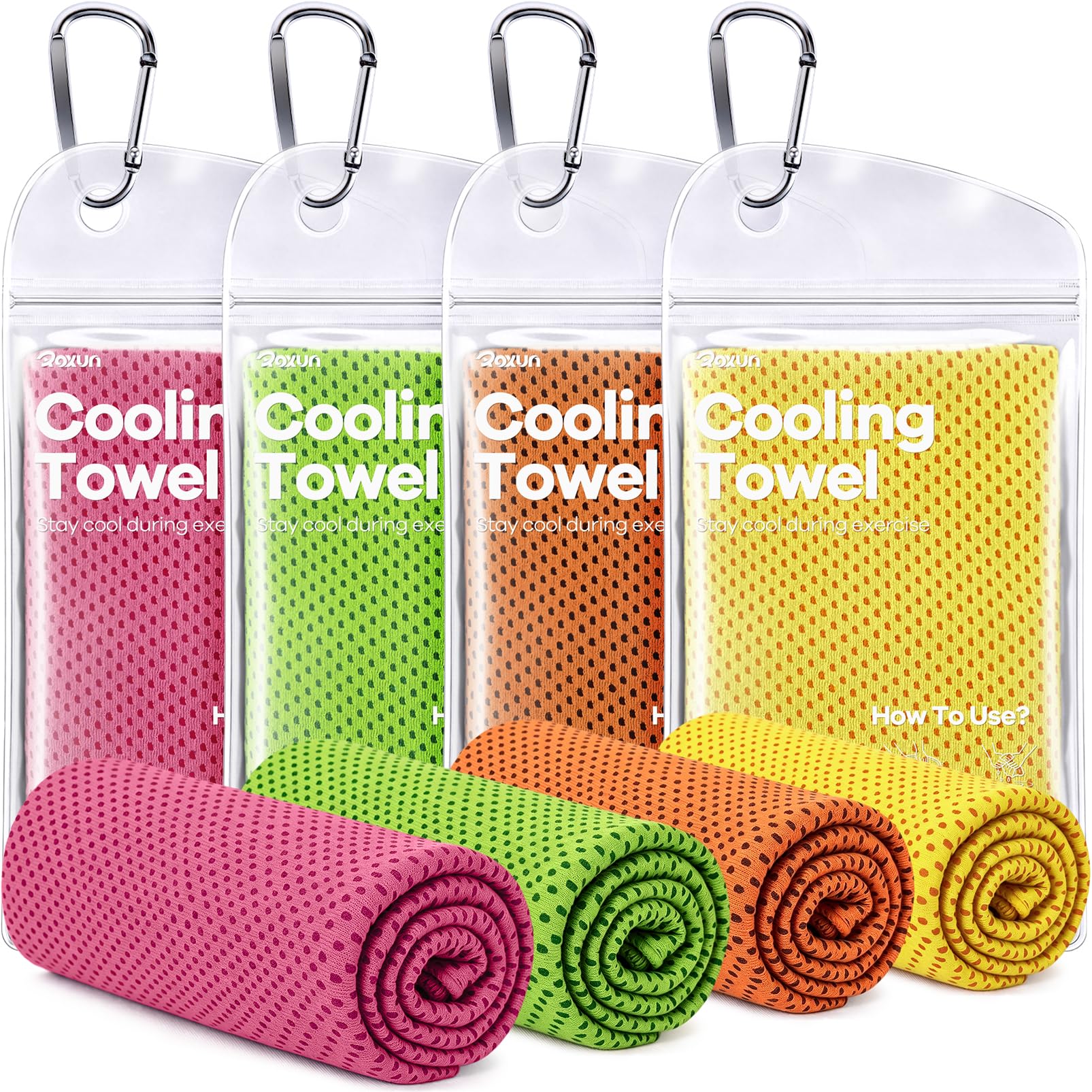 ROXUN Cooling Towels, 4 Pack (40''x12'') Chilly Ice Rags for Neck and Face | Gray+Blue+Green+Black, Soft Breathable, Sports and Outdoor Workouts, Comes with Storage Bags & Carabiners