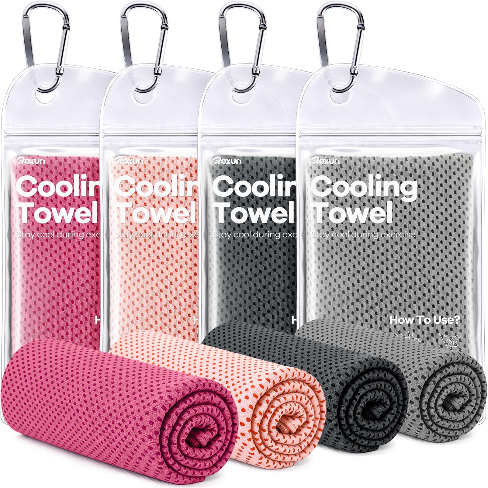 ROXUN Cooling Towels, 4 Pack (40''x12'') Chilly Ice Rags for Neck and Face | Gray+Blue+Green+Black, Soft Breathable, Sports and Outdoor Workouts, Comes with Storage Bags & Carabiners