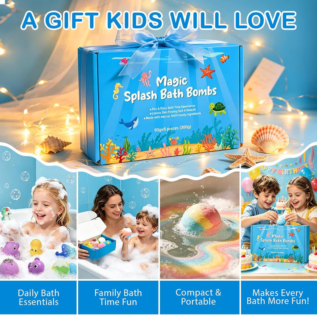 Bath Bombs for Kids, 6 Packs Kids Bubble Bath Bombs for Kids Ages, Bubble Bath Kids Nontoxic | Fizzes, Fun Science Toddler Bath Color Tablets Gift for Boys and Girls