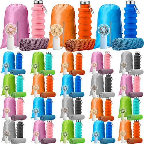 24 Set Theme Park Necessities Cruise Ship Accessory Kit Collapsible Water Bottle Cooling Towel Fan Drawstring Bag for Summer Amusement Park Outdoor Team Travel Cruise Gift Fitness Sport Favor