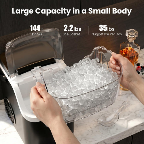 AGLUCKY Nugget Ice Makers Countertop with Handle, Crushed Ice Ready in 5 Mins, 35lbs/Day, Self-Cleaning, Portable Ice Machine with One-Click Operation for Home/Kitchen/Party/RV/Camping