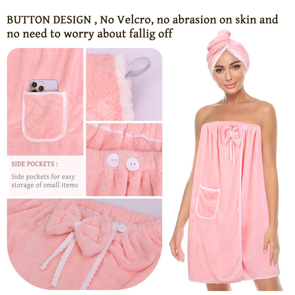 Towel Wrap Women Shower Robe Adjustable Closure Bathrobe with Hair Drying Towel & Spa Wraps