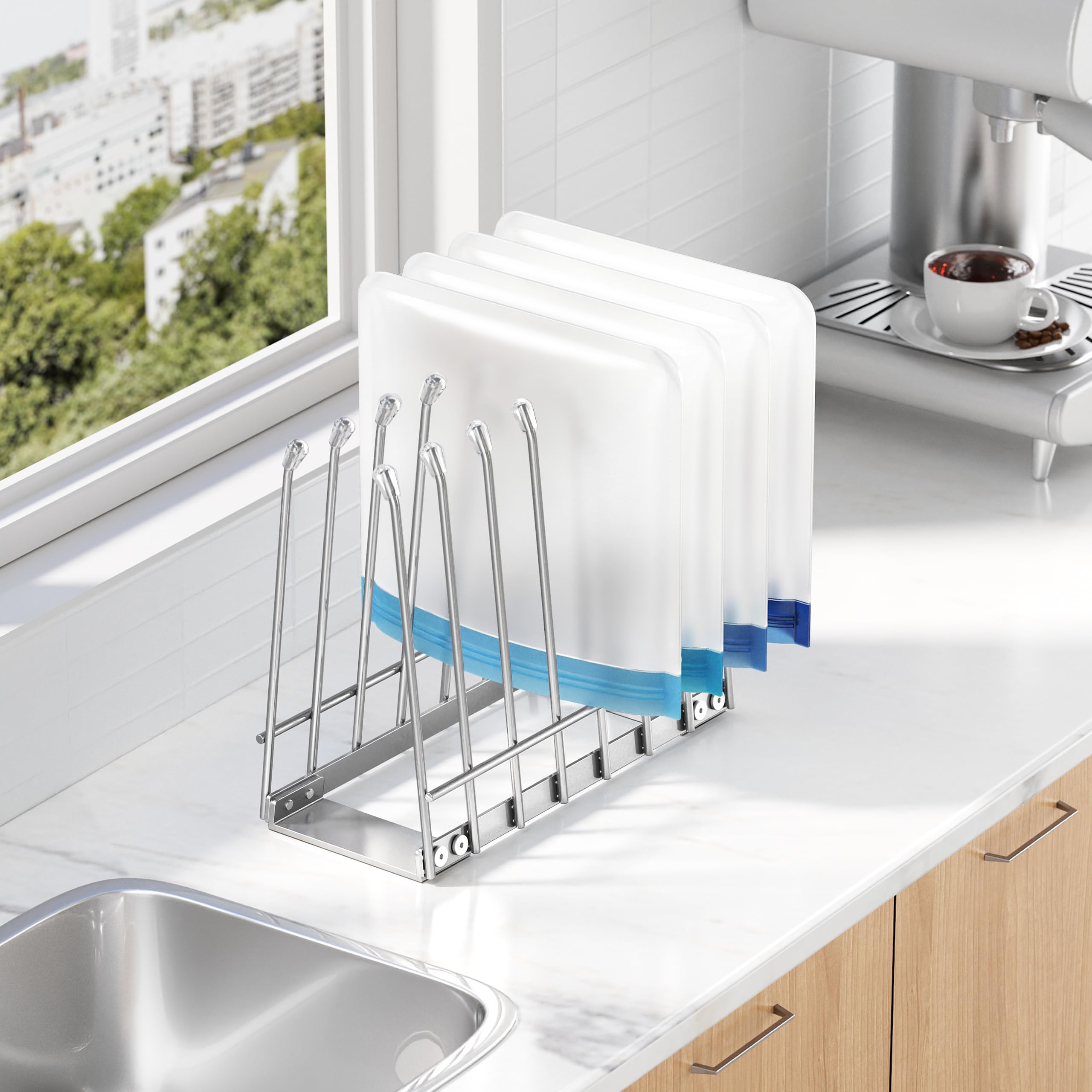 Reusable Bag Drying Rack, Foldable Metal Stand for Reusable Ziplock & Silicone Storage Bags, Rustproof Kitchen Dryer, Silver