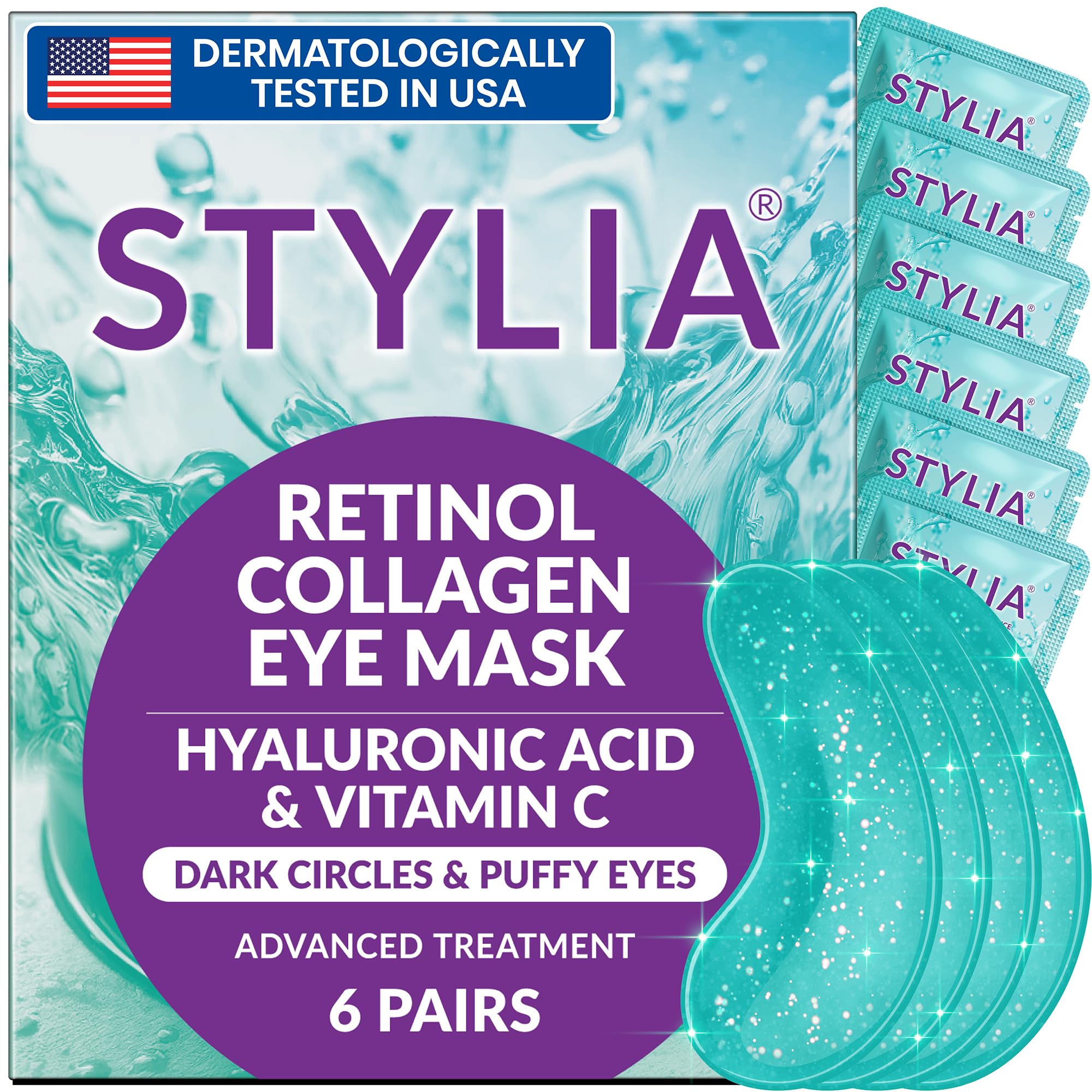 Stylia Collagen & Vitamin C Under Eye Patches for Puffy Eyes & Dark Circles - Depuffing, Hydrating & Firming Under Eye Mask with Hyaluronic Acid - Stocking Stuffers for Teen Girls, Vegan (30 Pairs)