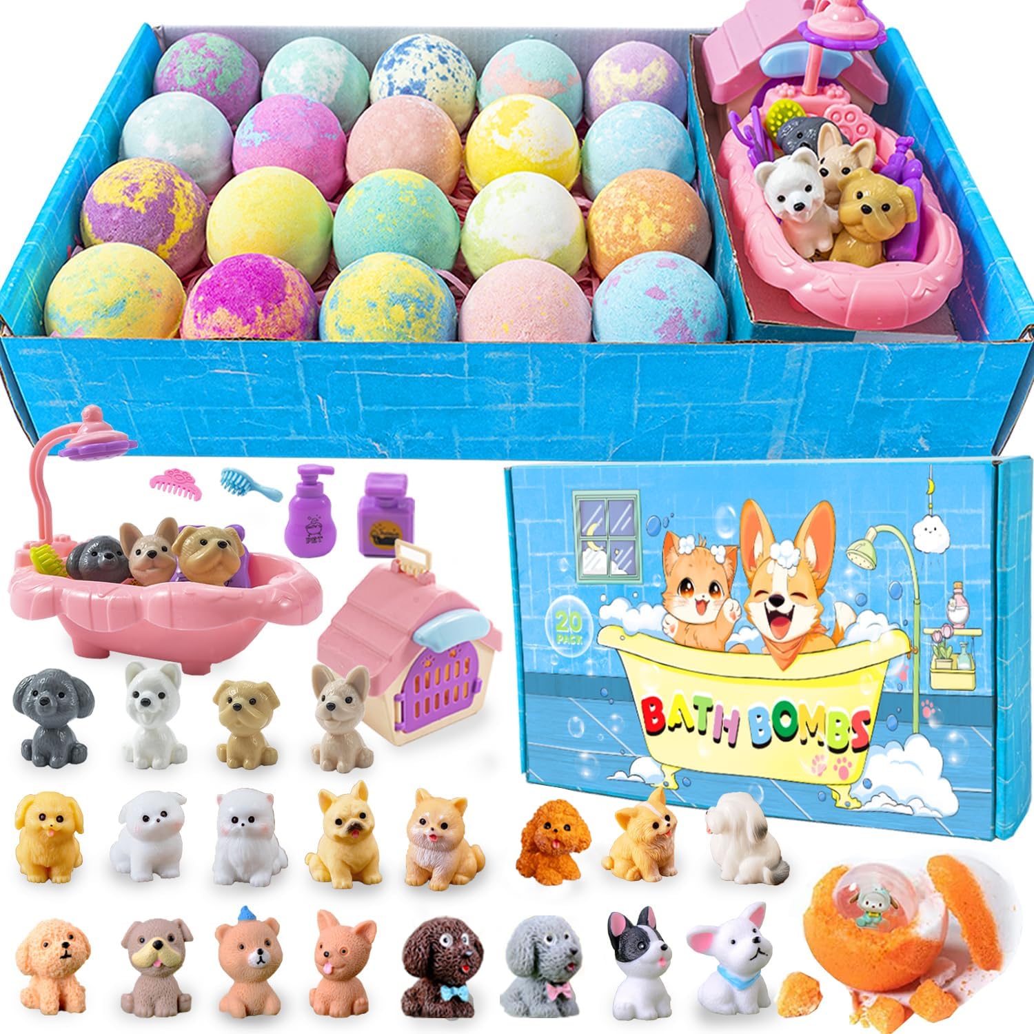 Kids Bath Bombs with Surprise Inside, 20 Pack Bring Dog and cat Toys Gift Set, Natural Organic Bubble Bath Foam Bath
