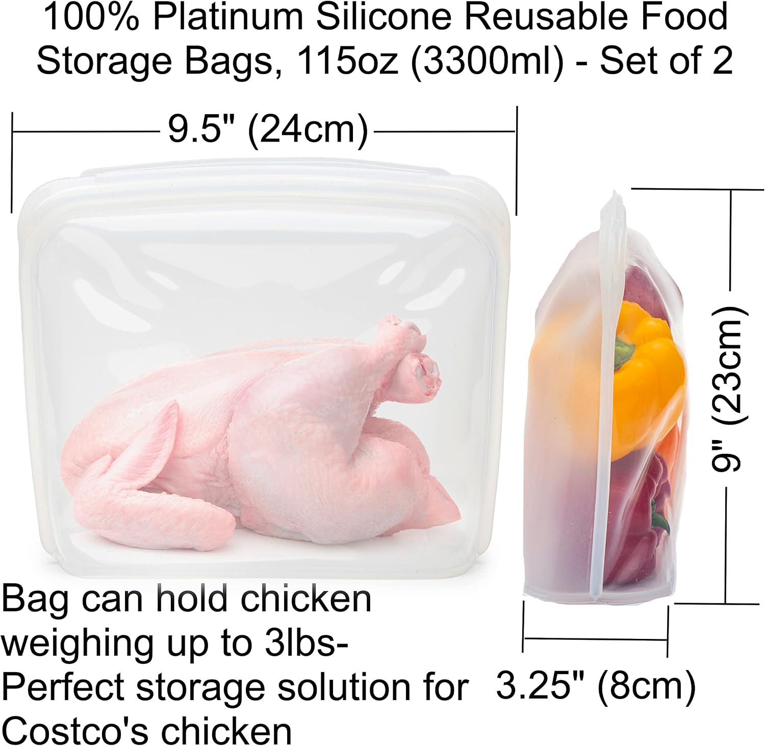 Elkanah Extra Large 116fl oz Silicone Bags Reusable Freezer Bags Silicone Gallon Bag Food Storage Bag|Oven Bags|Sous Vide|Microwave|Oven|Dishwasher safe | 116fl oz