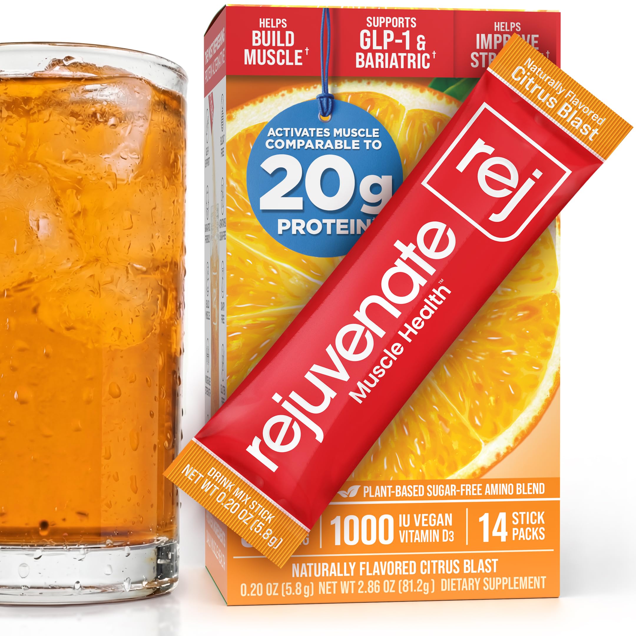 Rejuvenate Perfect Amino Acid Blend, 1 Stick = 20g Whey Protein, 5 Calories, Vegan Friendly EAA + BCAA for Muscle Growth, Strength & Energy, GLP-1 & Bariatric Support, No Bloat, No Sugar