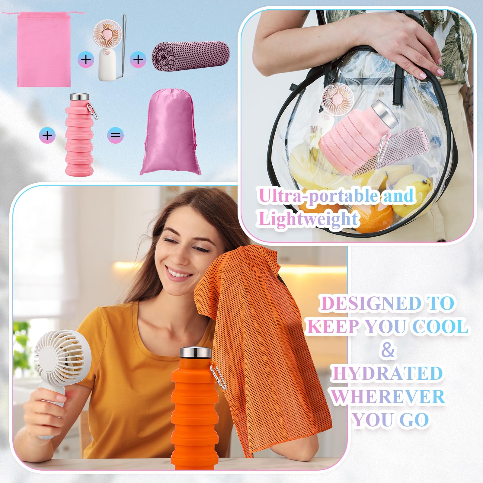 24 Set Theme Park Necessities Cruise Ship Accessory Kit Collapsible Water Bottle Cooling Towel Fan Drawstring Bag for Summer Amusement Park Outdoor Team Travel Cruise Gift Fitness Sport Favor