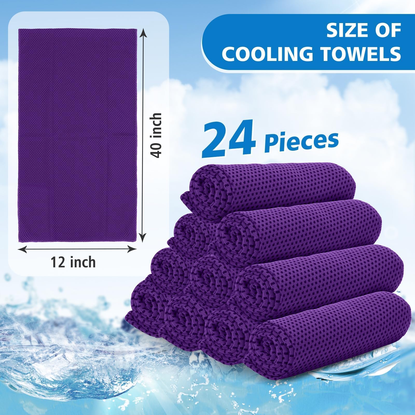 24 Pack Cooling Towels Bulk for Neck and Face 40"x12" Ice Cooling Sweat Rags Microfiber Soft Breathable Soft Chilly Towel for Yoga Golf Sport Running