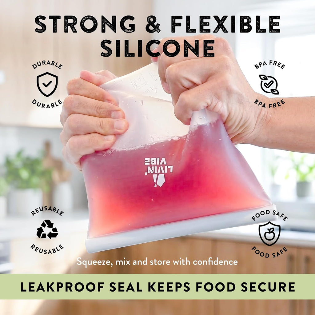 Reusable Silicone Food Storage Bags – Set of 4 Multicolor (500ml/17oz, 1000ml/34oz, 1500ml/51oz, 2000ml/68oz) – Leakproof, Freezer, Microwave, Oven & Dishwasher Safe, BPA-Free