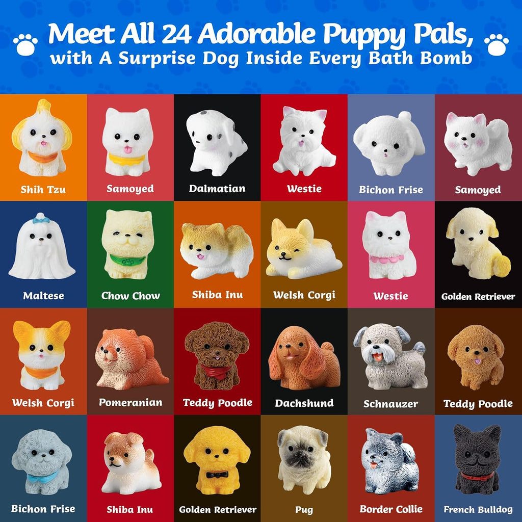 24 Pack Puppy Bath Bombs for Kids - Each with Surprise Dog Figurine Inside, 15 Scents, Bath Bombs with Toys, Skin-Friendly, Birthday Party Favors & Stocking Stuffers for Boys & Girls