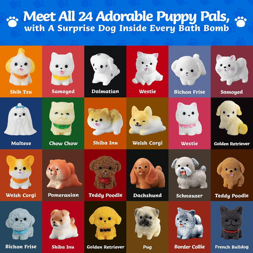 24 Pack Puppy Bath Bombs for Kids - Each with Surprise Dog Figurine Inside, 15 Scents, Bath Bombs with Toys, Skin-Friendly, Birthday Party Favors & Stocking Stuffers for Boys & Girls