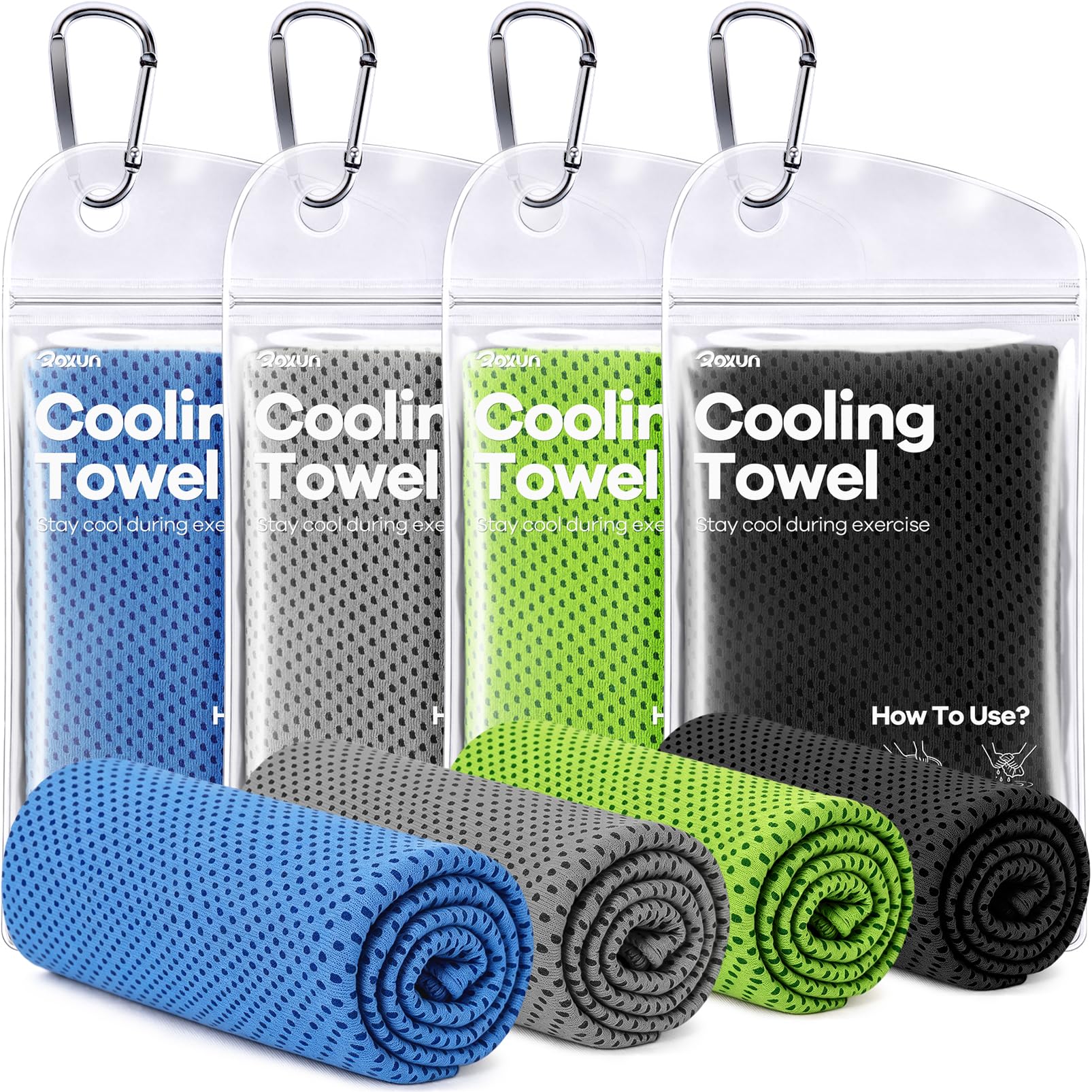 ROXUN Cooling Towels, 4 Pack (40''x12'') Chilly Ice Rags for Neck and Face | Gray+Blue+Green+Black, Soft Breathable, Sports and Outdoor Workouts, Comes with Storage Bags & Carabiners