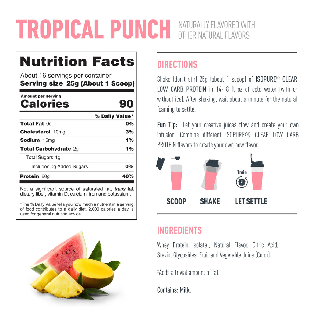Isopure Clear Whey Isolate Protein Powder, Lactose Free, Gluten Free, Naturally Flavored, Watermelon Lime, 20g Protein Per Serving, 14.1 Oz, 16 Servings (Packaging May Vary)