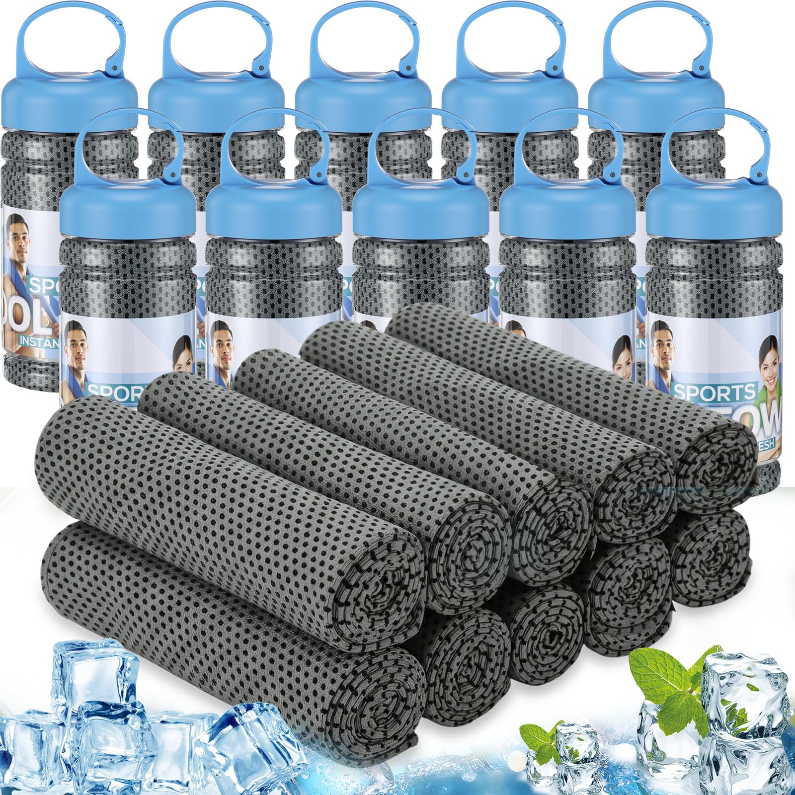 Honoson 10 Pcs Cooling Towels for Neck and Face, 47"x12" Sports Breathable Ice Towels Microfiber Chilly Sweat Rags with Portable Bottle for Gym Golf Athletes Yoga Workout Hot Weather (Mixed Colors)