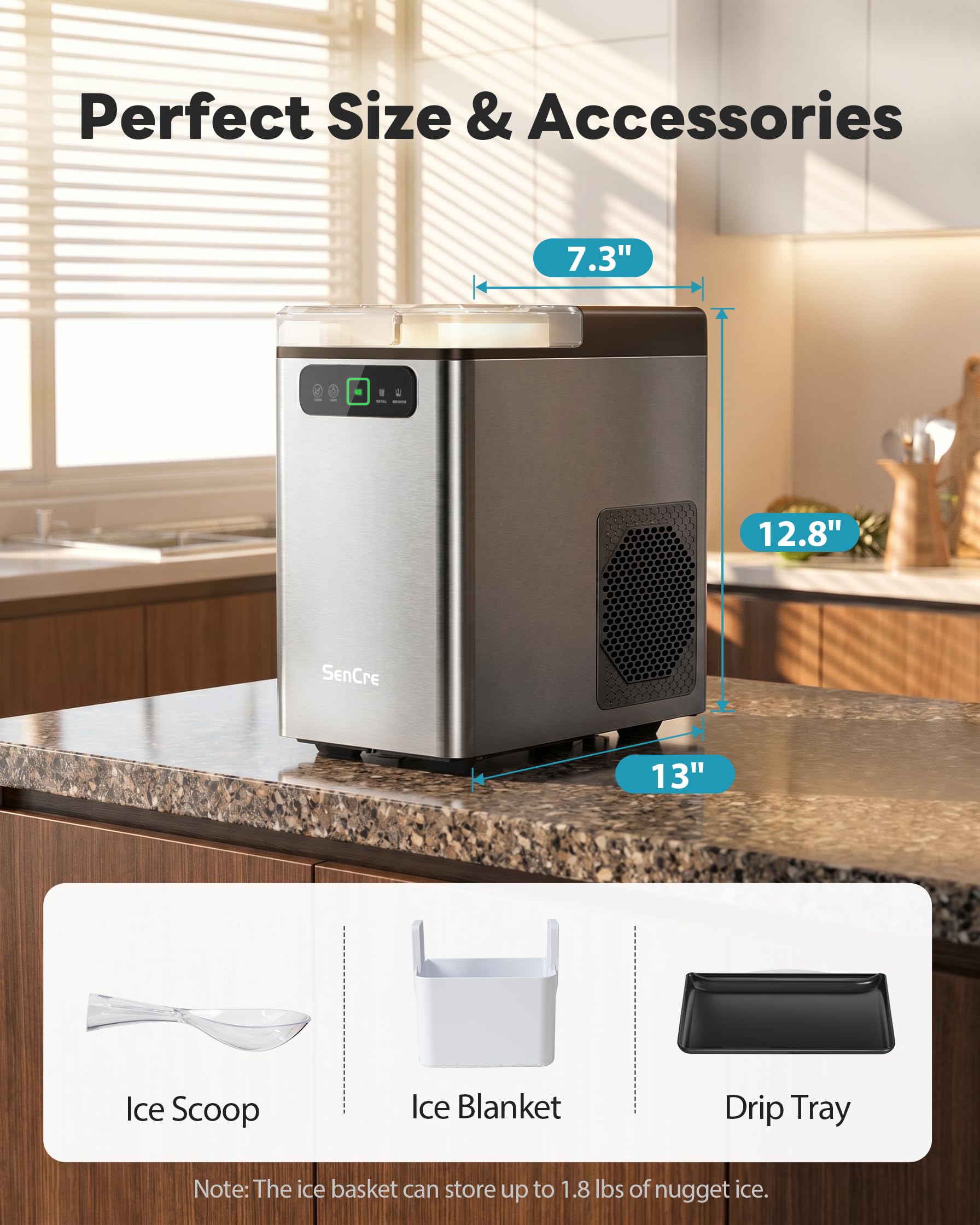 Nugget Ice Maker Countertop 40Lbs/24H Soft Chewable Ice Machine Pellet Crushed Ice Makers, One-Click Operation Auto Self-Cleaning Stainless Steel with Scoop for Home Kitchen Office, Grey