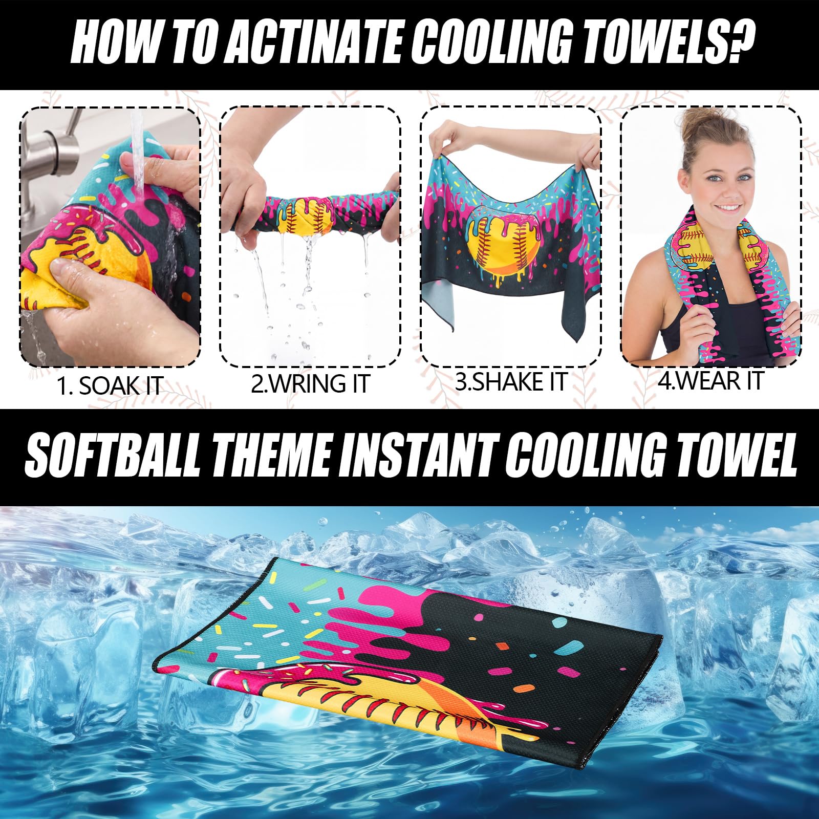 Tegeme 12 Counts Baseball Ice Cream Cooling Towels 40"x12" Sports Breathable Chilly Ice Fast Drying Towel Cool Training Sweat Rag for Coach Sport Party Favors Team Gift