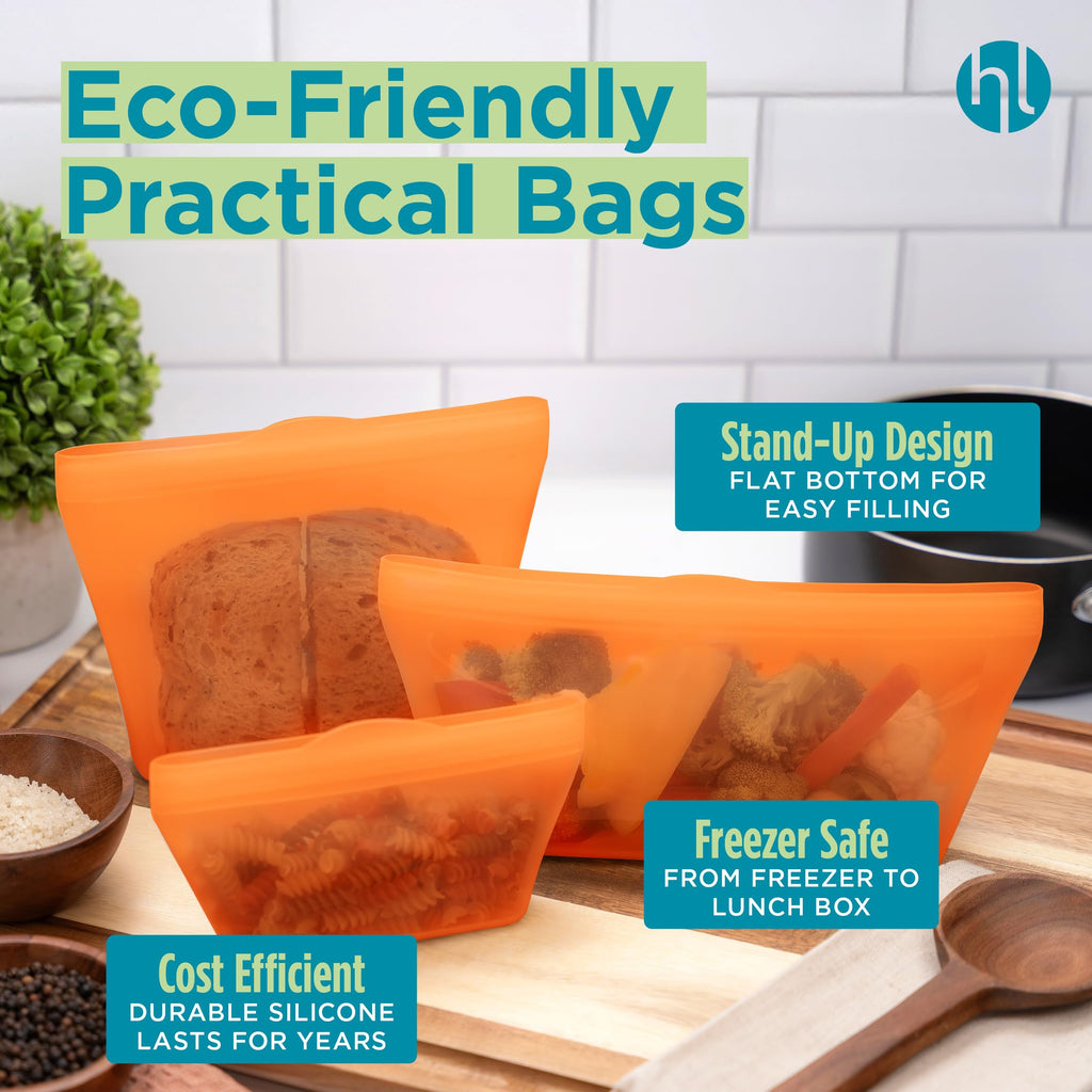 Home Logic Reusable Snack Bags - Set of 6 Clear Silicone Freezer Bags, Airtight Leak Resistant Reusable Zip Bags for Kitchen Home Food Prep, Microwave & Sous Vide Safe