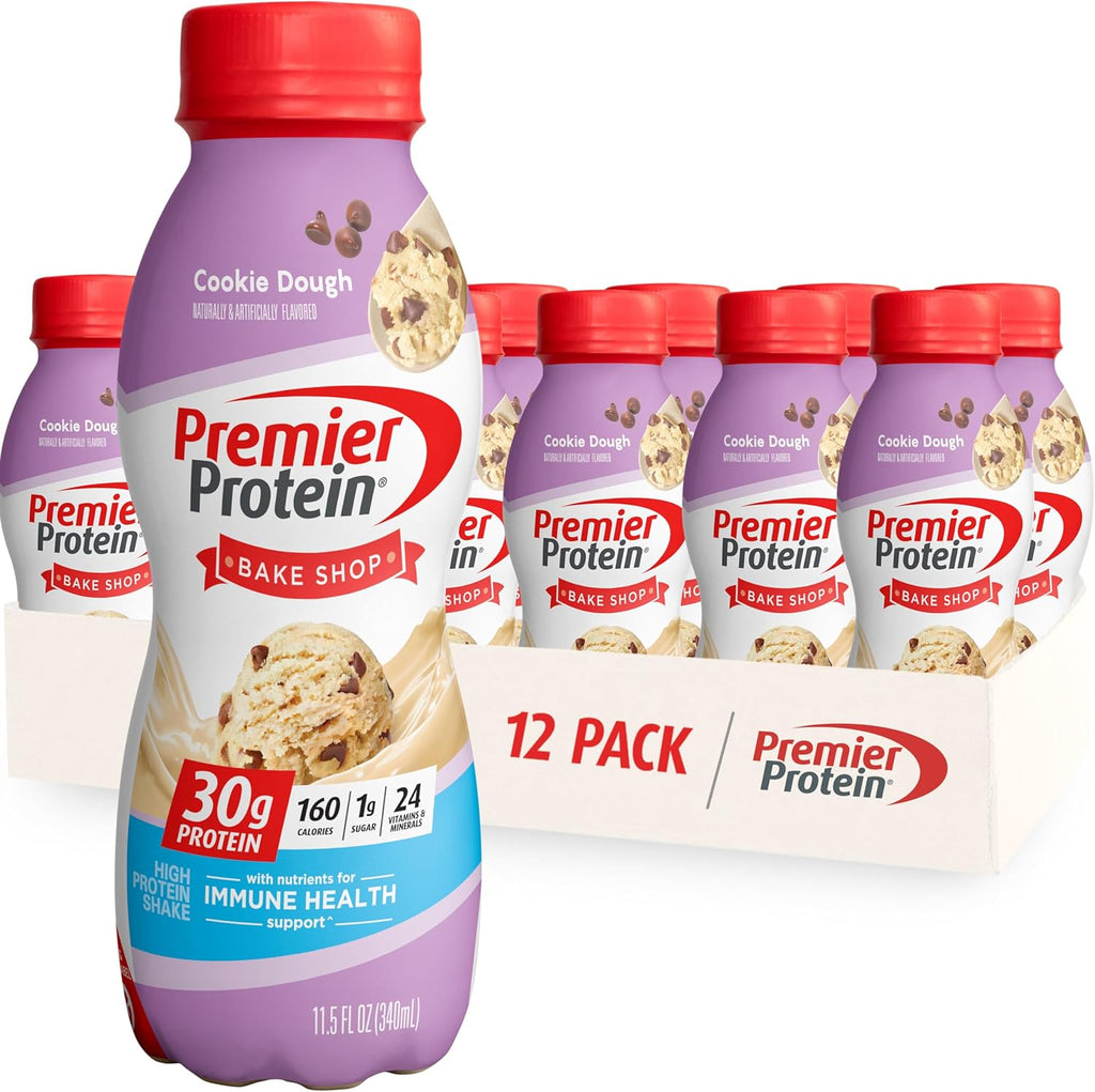 Premier Protein Shake Bundle, 30g Protein, 1g Sugar, 24 Vitamins&Minerals, Cinnamon Roll and Cookie Dough Flavors, Pack of 12, 11.5oz Bottles