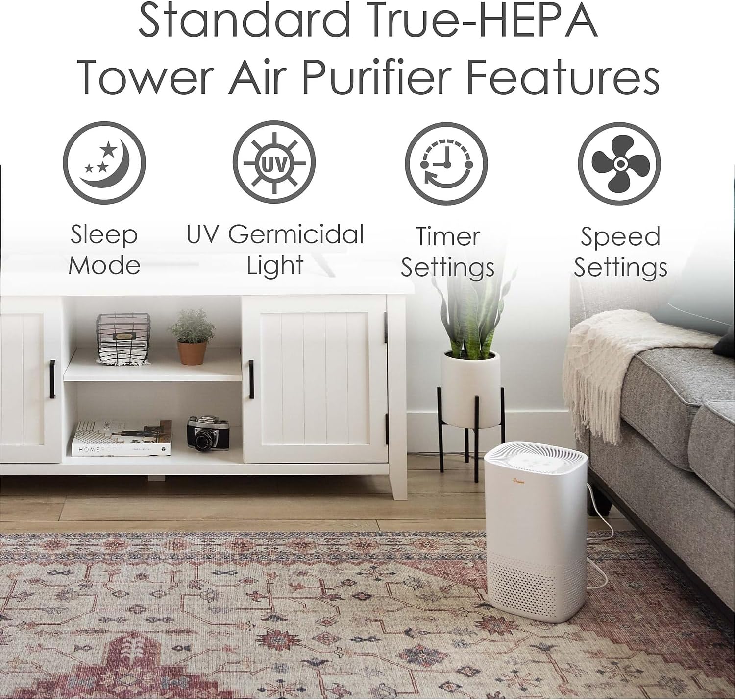 Crane Air Purifier with True HEPA Filter, UV Light, 250 Sq Feet Coverage, Timer Function, Sleep Mode, Washable Particle Filter, EE-5067