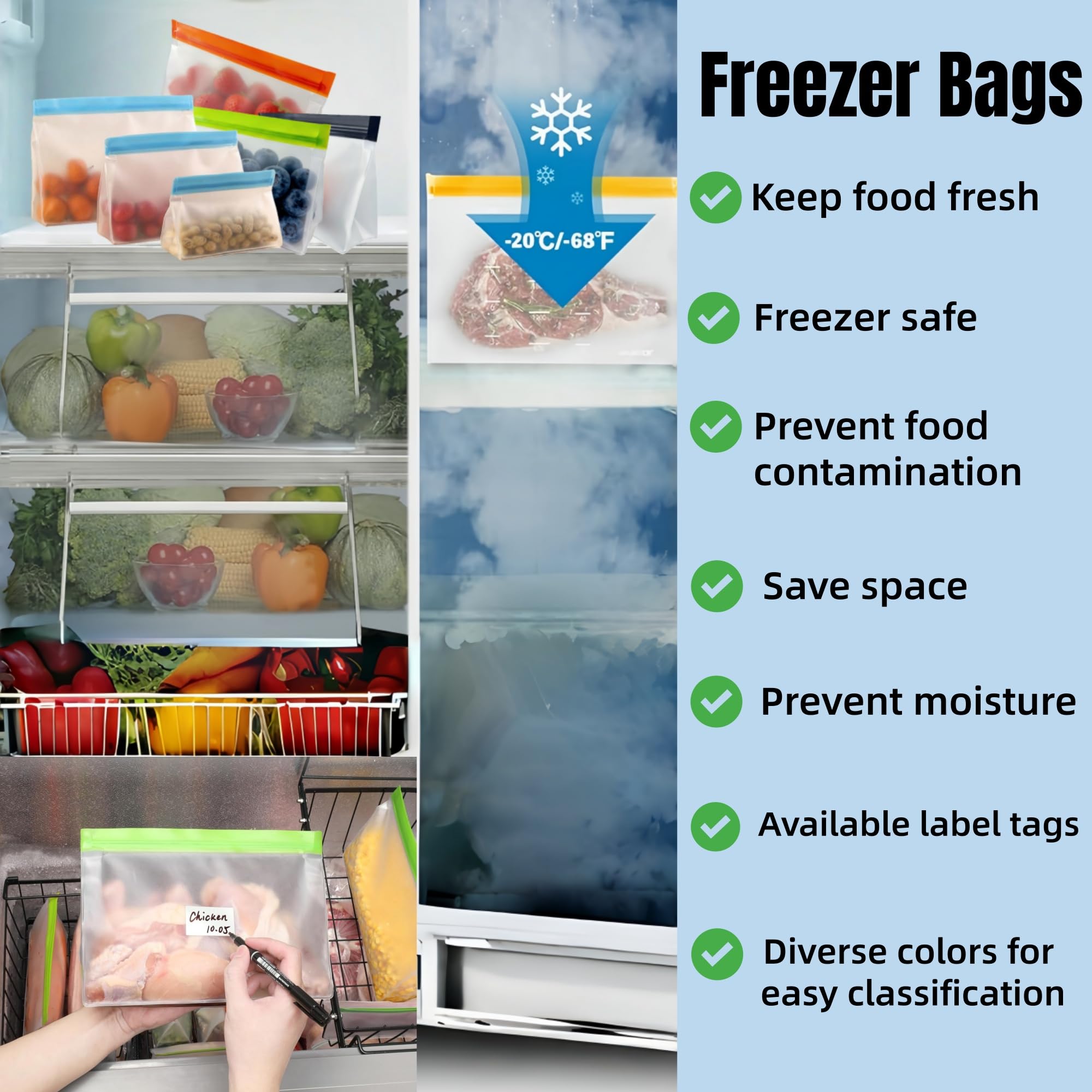 PABCK 9 Pcs Reusable Silicone Produce Freezer Bags Self Seal Green 3S+3M+3L | Stand Up Freezer Food Storage Bags Leakproof Resealable Bag for Sandwich Smell Proof Fridge Organization for Lunch Travel