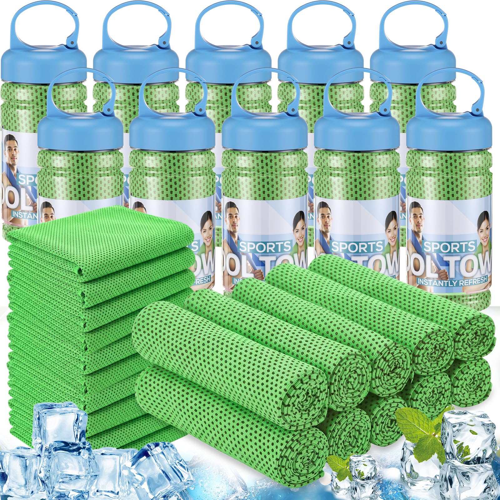 Honoson 10 Pcs Cooling Towels for Neck and Face, 47"x12" Sports Breathable Ice Towels Microfiber Chilly Sweat Rags with Portable Bottle for Gym Golf Athletes Yoga Workout Hot Weather (Mixed Colors)