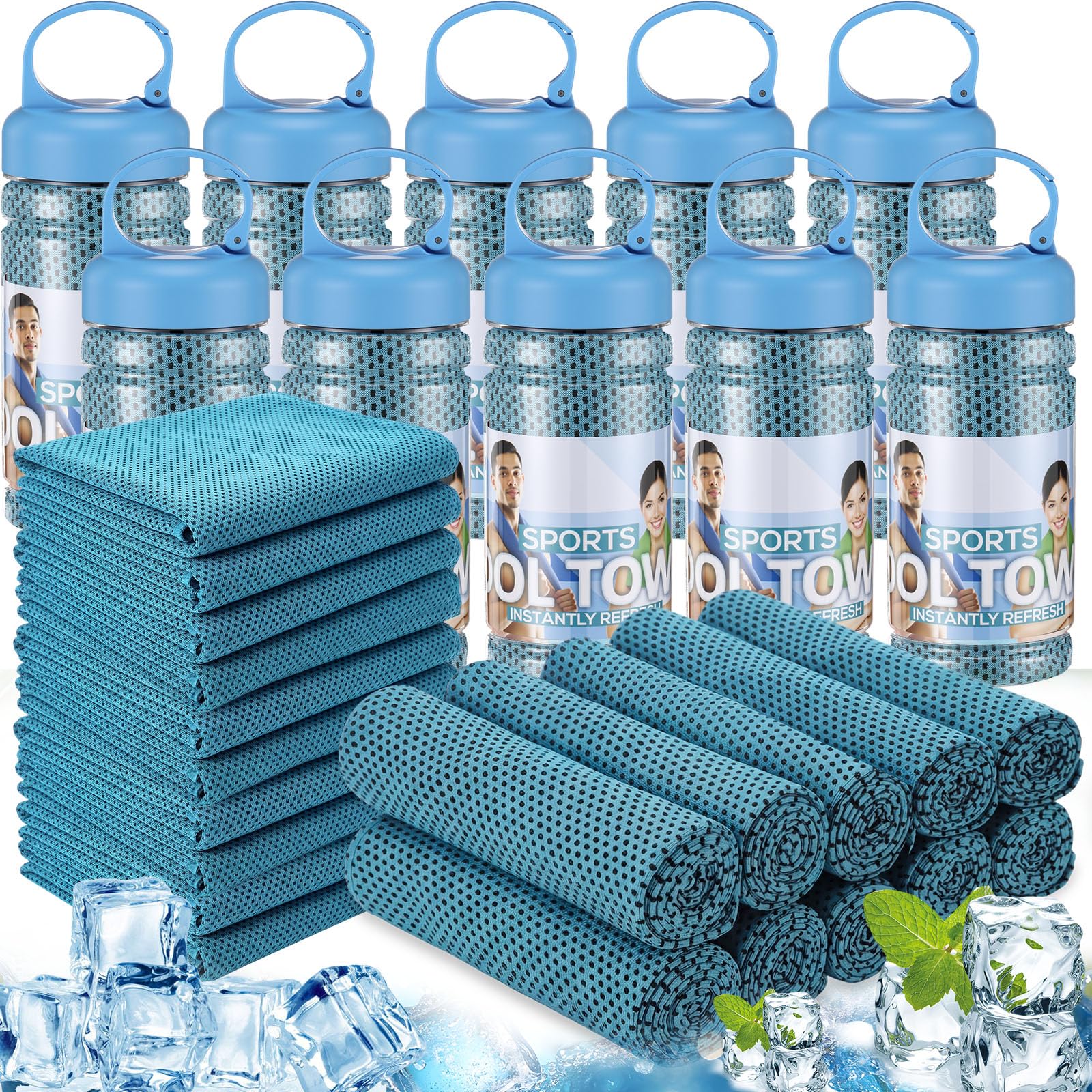 Honoson 10 Pcs Cooling Towels for Neck and Face, 47"x12" Sports Breathable Ice Towels Microfiber Chilly Sweat Rags with Portable Bottle for Gym Golf Athletes Yoga Workout Hot Weather (Mixed Colors)