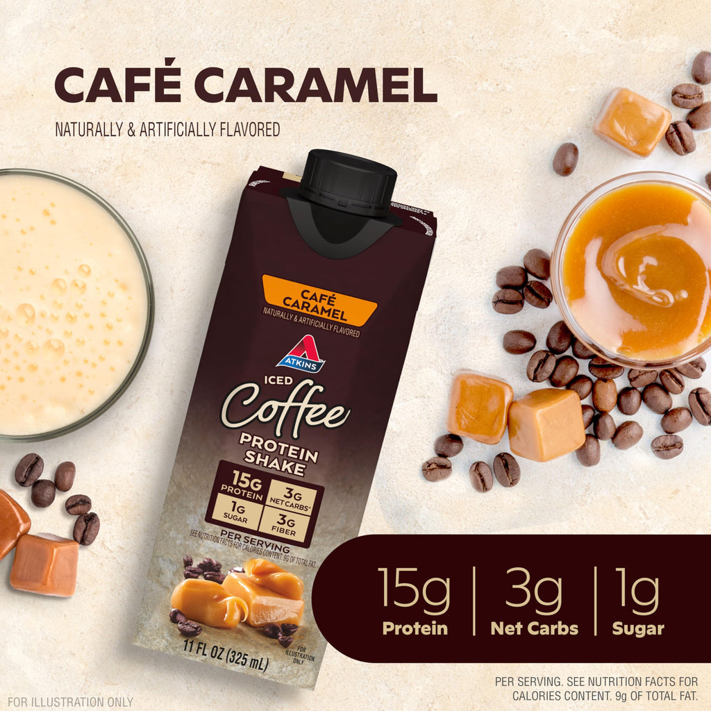 Atkins Coffee Lovers Protein Shake Variety Pack, Mocha Latte, Café Caramel and Café au Lait Flavored Protein Shakes, 15g Protein, 3g Fiber, GLP-1 Friendly, 12 Count