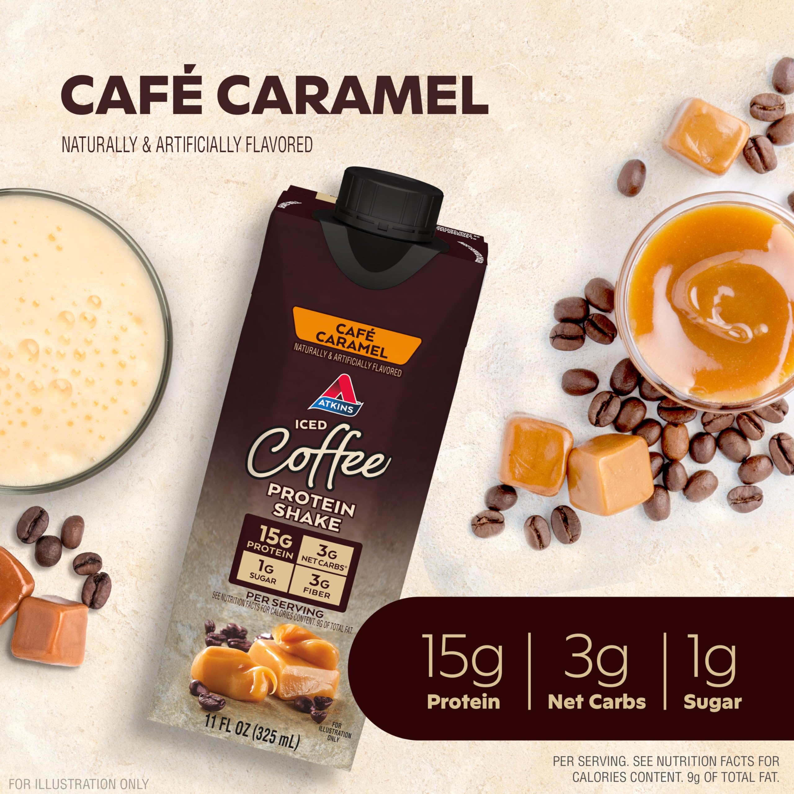 Atkins Coffee Lovers Protein Shake Variety Pack, Mocha Latte, Café Caramel and Café au Lait Flavored Protein Shakes, 15g Protein, 3g Fiber, GLP-1 Friendly, 12 Count