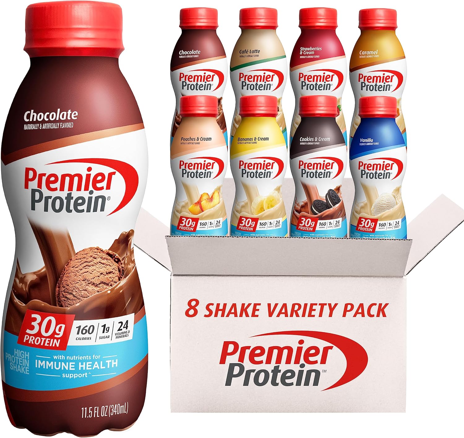 Premier Protein Shake MINIs Chocolate 22g Protein 120 Cal Pack of 12 & Protein Shake 8 Flavor Variety Pack 30g Protein 24 Vitamins 11.5oz 8 Pack
