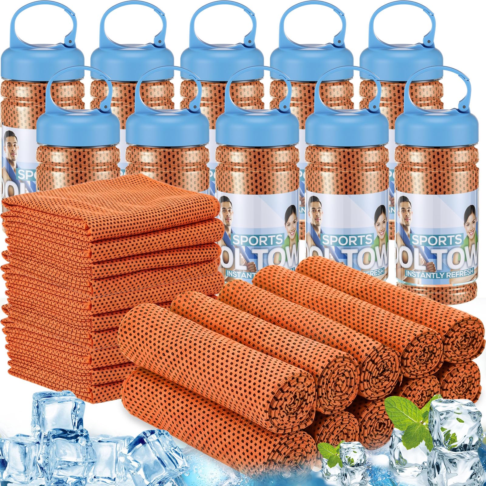 Honoson 10 Pcs Cooling Towels for Neck and Face, 47"x12" Sports Breathable Ice Towels Microfiber Chilly Sweat Rags with Portable Bottle for Gym Golf Athletes Yoga Workout Hot Weather (Mixed Colors)