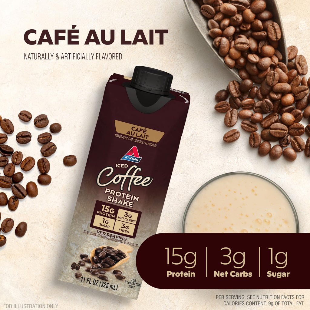 Atkins Coffee Lovers Protein Shake Variety Pack, Mocha Latte, Café Caramel and Café au Lait Flavored Protein Shakes, 15g Protein, 3g Fiber, GLP-1 Friendly, 12 Count