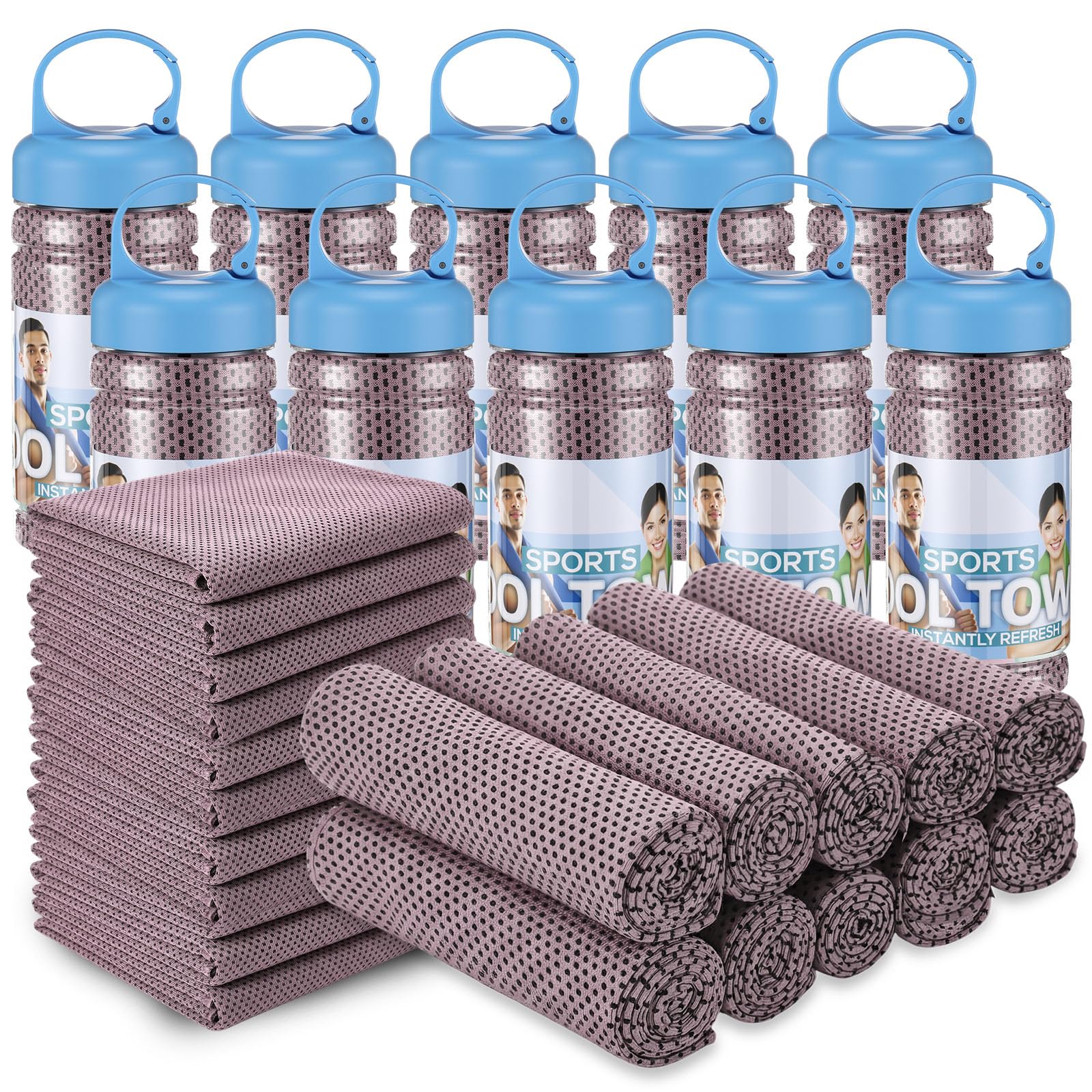 Honoson 10 Pcs Cooling Towels for Neck and Face, 47"x12" Sports Breathable Ice Towels Microfiber Chilly Sweat Rags with Portable Bottle for Gym Golf Athletes Yoga Workout Hot Weather (Mixed Colors)