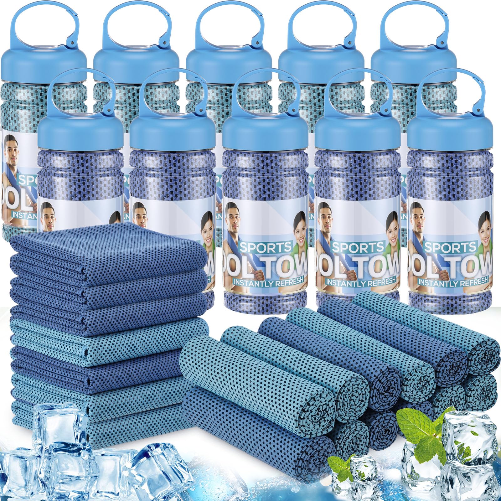 Honoson 10 Pcs Cooling Towels for Neck and Face, 47"x12" Sports Breathable Ice Towels Microfiber Chilly Sweat Rags with Portable Bottle for Gym Golf Athletes Yoga Workout Hot Weather (Mixed Colors)