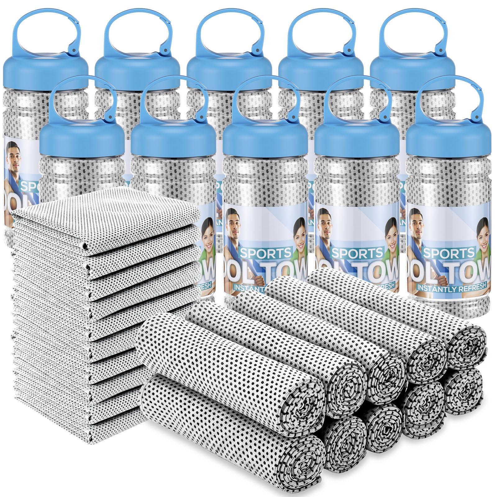Honoson 10 Pcs Cooling Towels for Neck and Face, 47"x12" Sports Breathable Ice Towels Microfiber Chilly Sweat Rags with Portable Bottle for Gym Golf Athletes Yoga Workout Hot Weather (Mixed Colors)