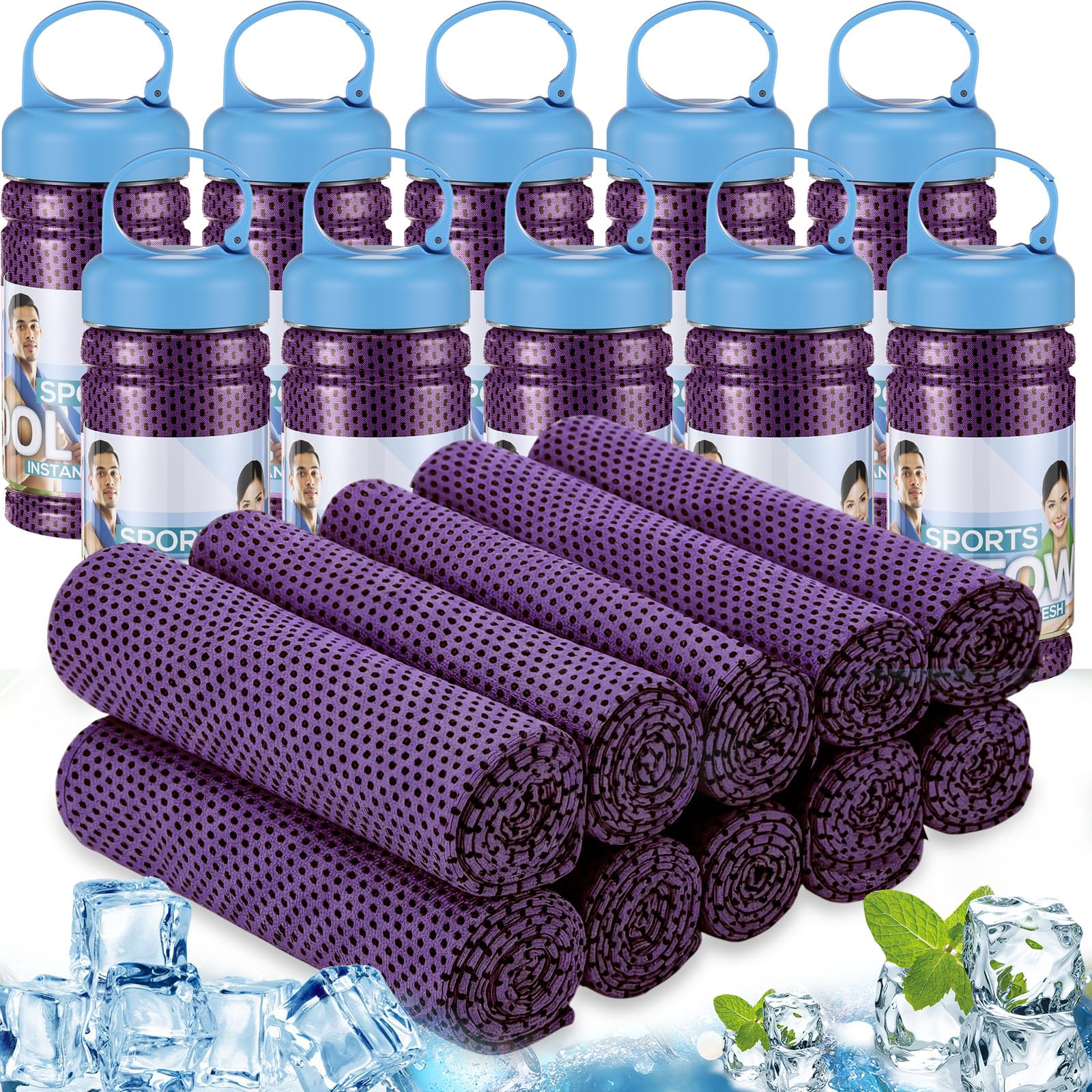 Honoson 10 Pcs Cooling Towels for Neck and Face, 47"x12" Sports Breathable Ice Towels Microfiber Chilly Sweat Rags with Portable Bottle for Gym Golf Athletes Yoga Workout Hot Weather (Mixed Colors)