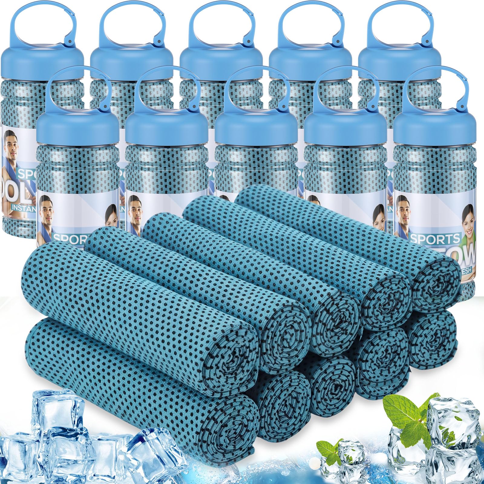 Honoson 10 Pcs Cooling Towels for Neck and Face, 47"x12" Sports Breathable Ice Towels Microfiber Chilly Sweat Rags with Portable Bottle for Gym Golf Athletes Yoga Workout Hot Weather (Mixed Colors)